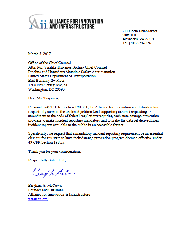 2017petititioncoverletter Aii Petitions PHMSA to Require Mandatory Excavation Damage Reporting in State Programs