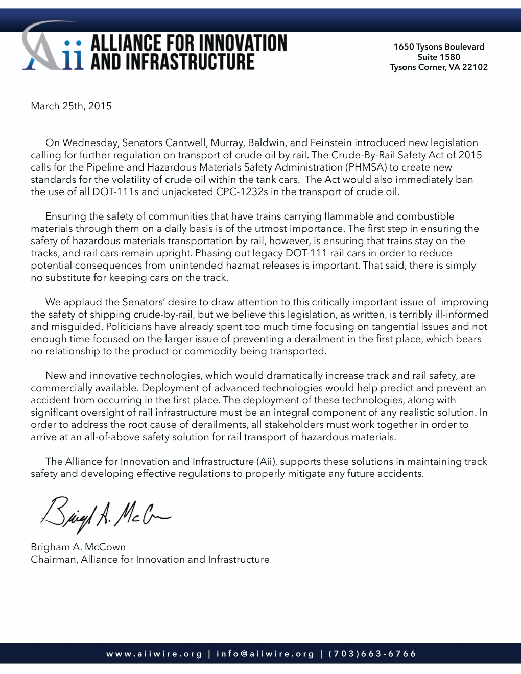 crude-by-rail safety act of 2015 Aii Comments on the Crude-By-Rail Safety Act of 2015